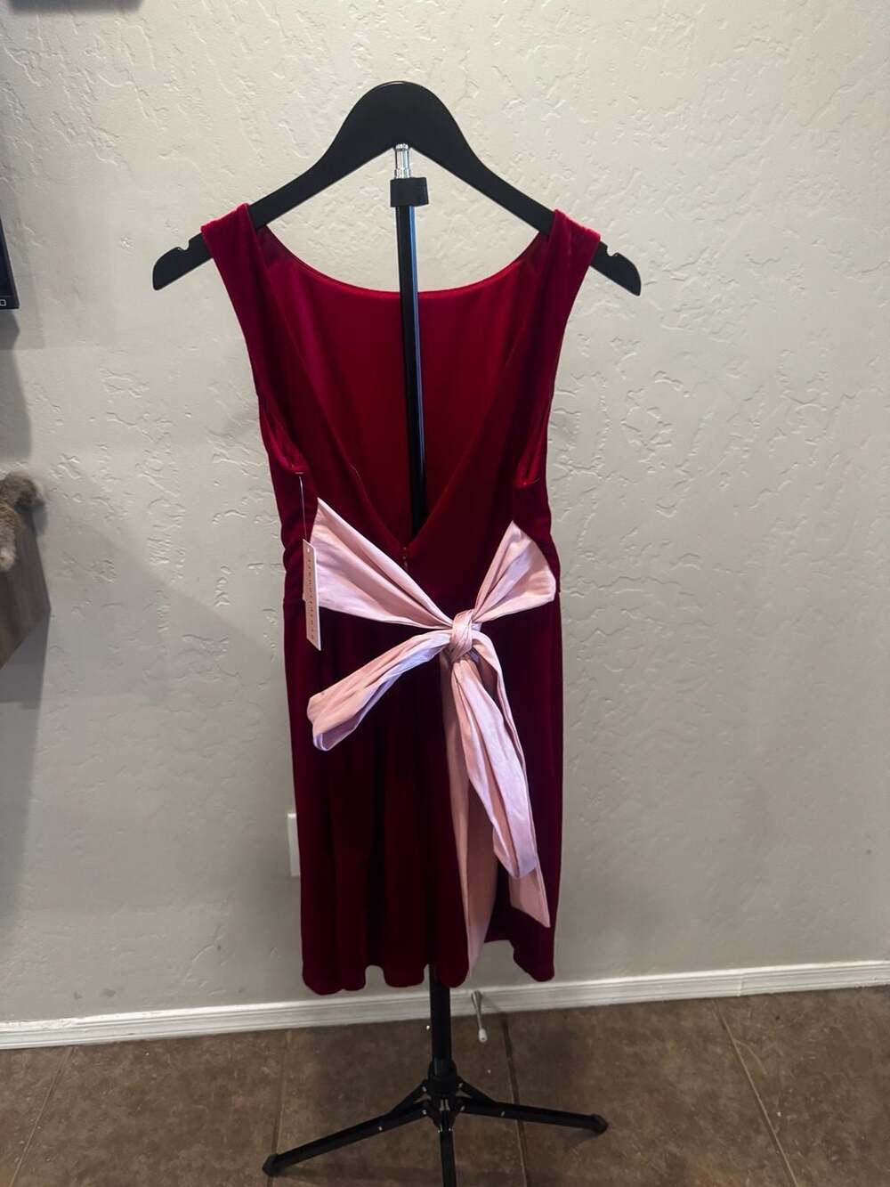 Evolutionary Red Velvet Scoop Neck Mini Party Dress with Pink Bow